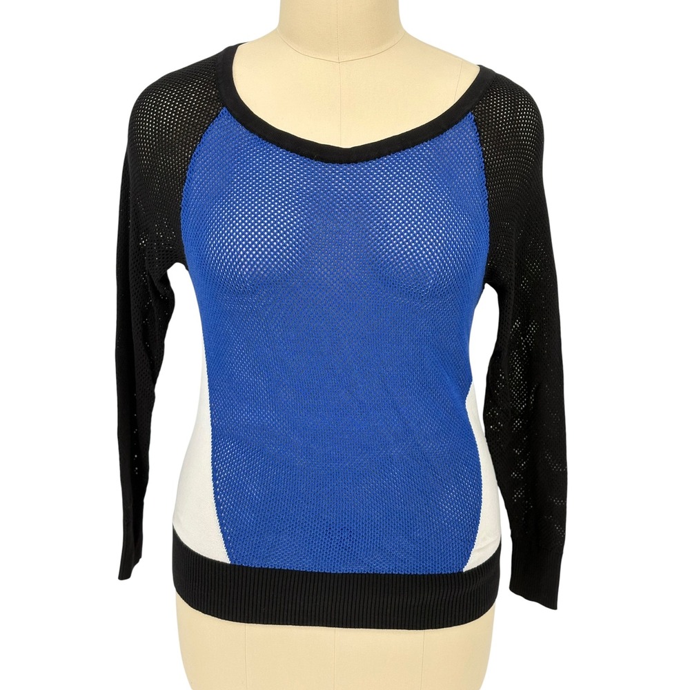 Torrid Mesh Knit Sweater Blue Black White Colorblock Raglan Size 2